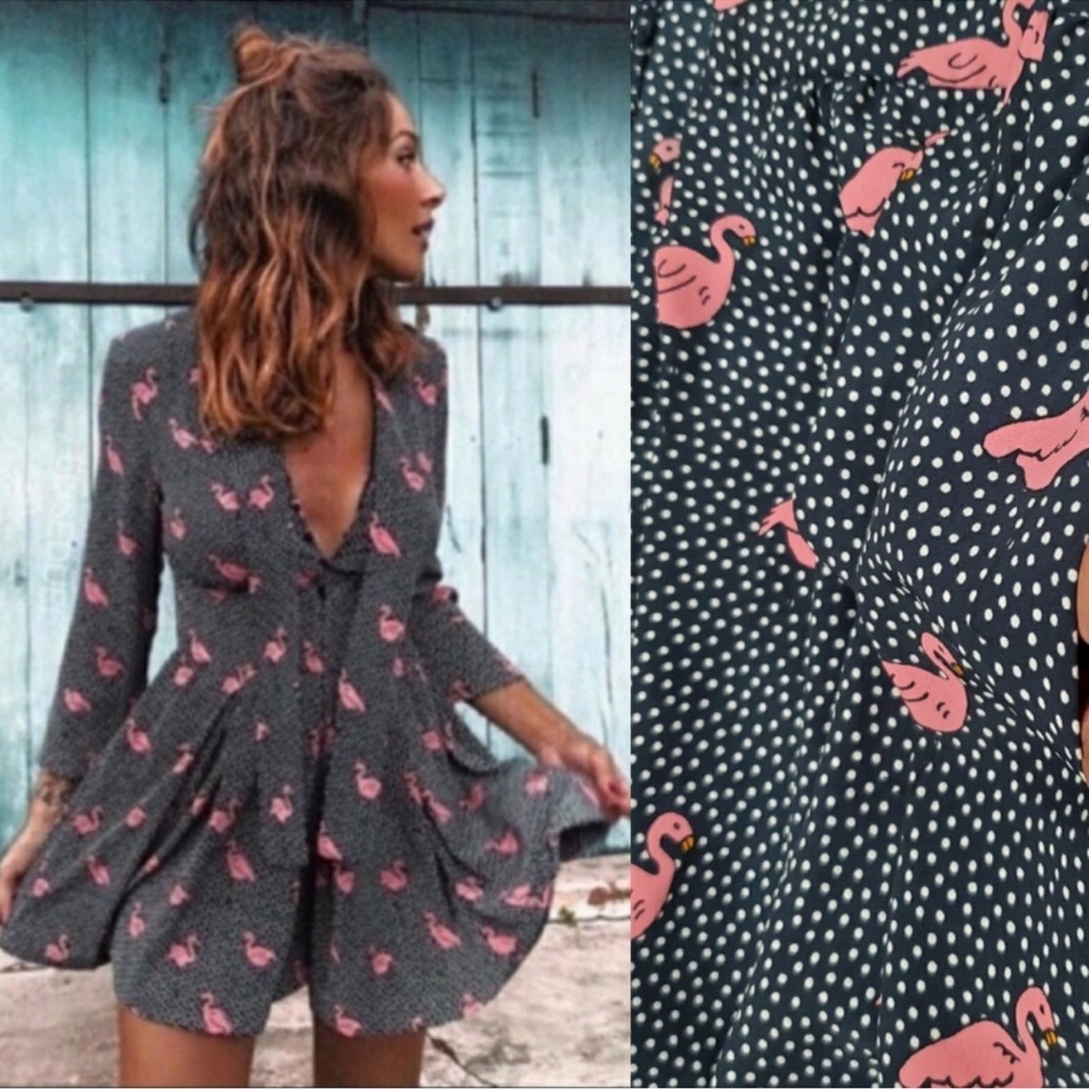 NWOT ZARA polka dot flamingo print romper pockets